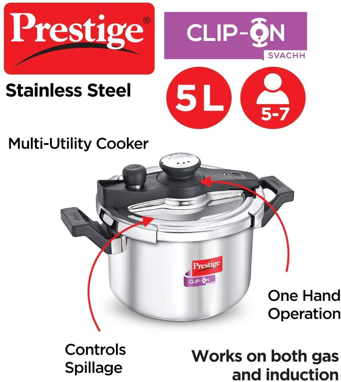 Prestige Svachh Clip-on 5 Litre Stainless Steel Pressure cooker, silver - Image 3