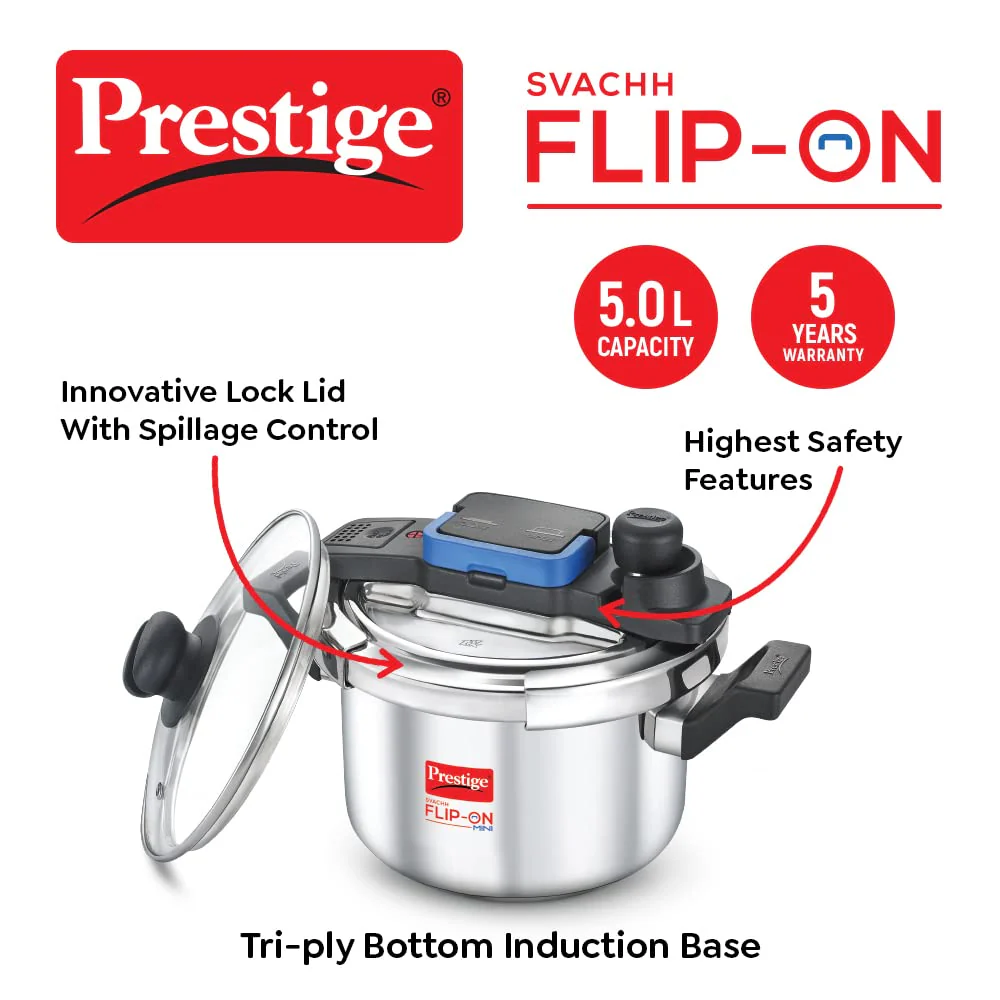 Prestige Svachh FLIP-ON Stainless Steel Pressure Cooker 5 L with Glass Lid - Image 2