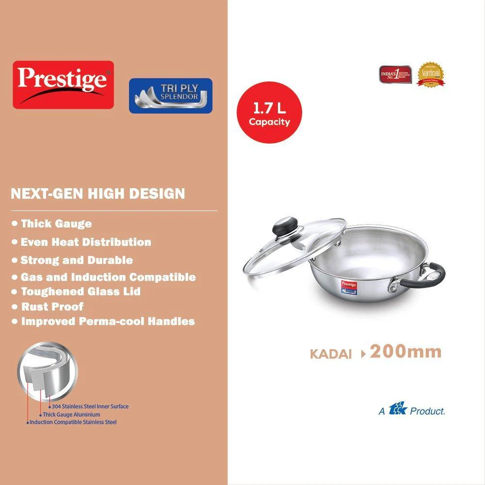 Prestige Tri Ply Splendor Kadai 20cm, 1.6 Litres