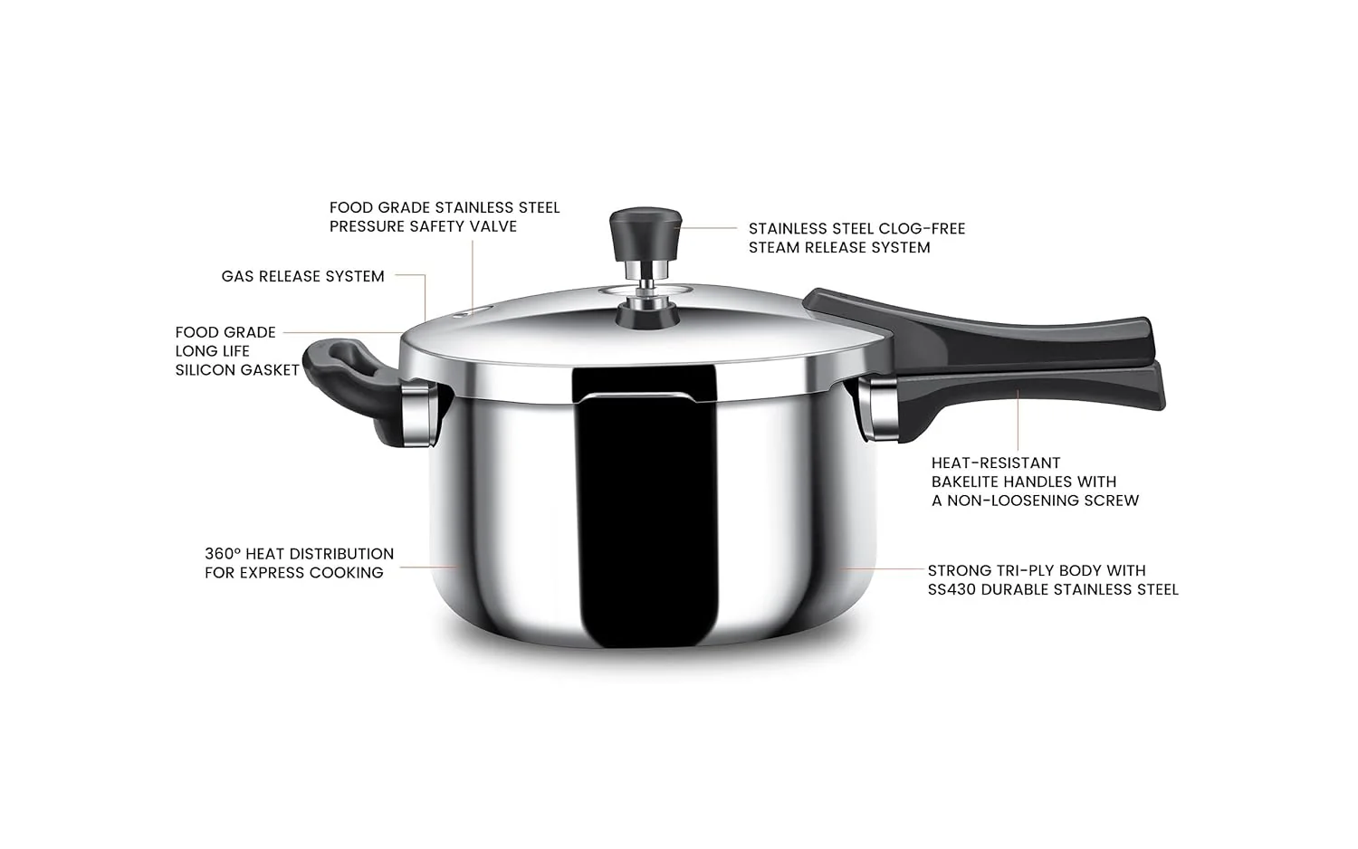 Stahl Xpress Cooker Triply Pressure Cooker, Induction Cooker, Outer Lid Pressure Cooker 3 L, 5L, 8L Induction & Gas Stove - Image 3