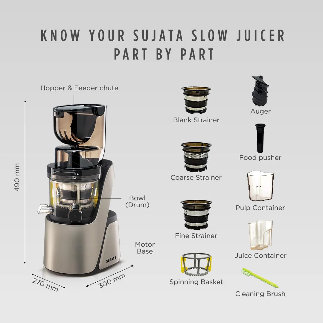 Sujata Cold Pressed Slow Juicer SJ01 | Ideal for Fruit, Vegetable Juices, Nut Milks, Smoothies & Frozen Desserts | Dual Feeding Chute | Reverse Function | Magnetic Safety Lock - Image 3