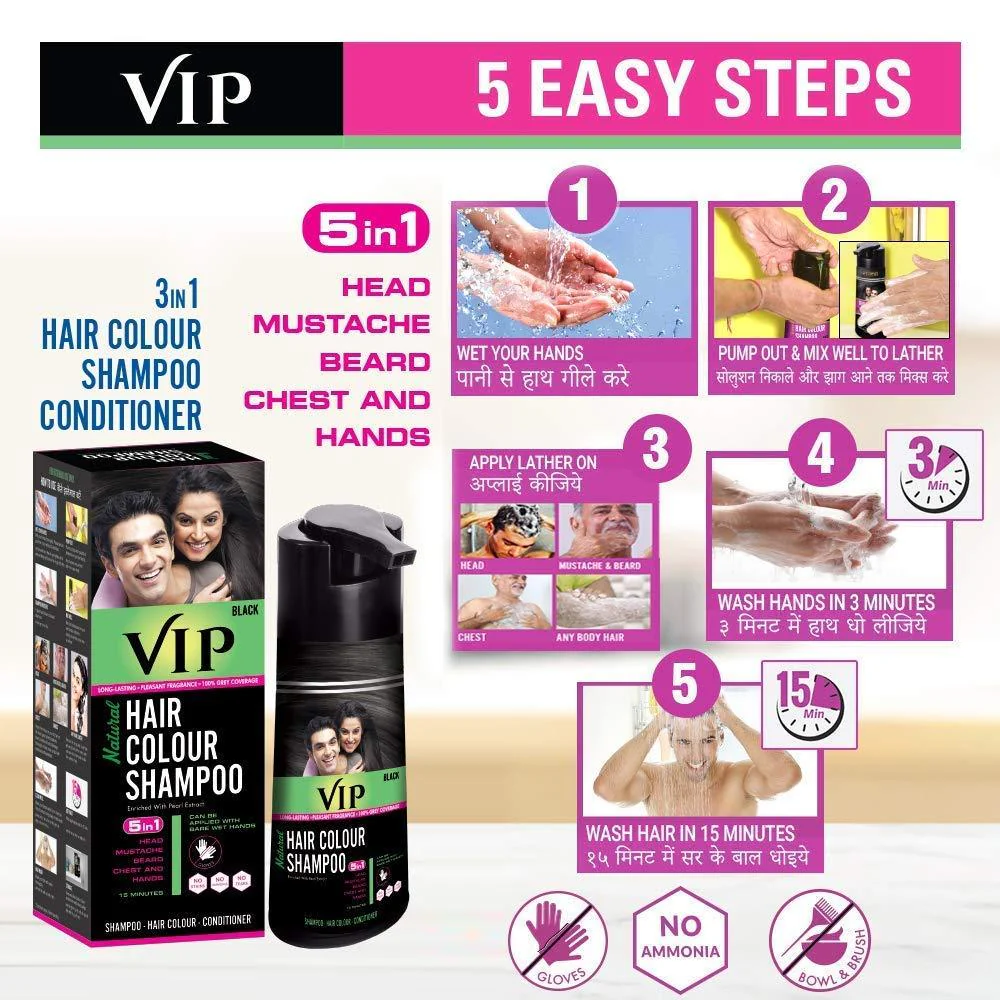 VIP 5 in 1 Hair Colour Shampoo base Hair Color Shampoo, Brown 180ml Brown - Image 3